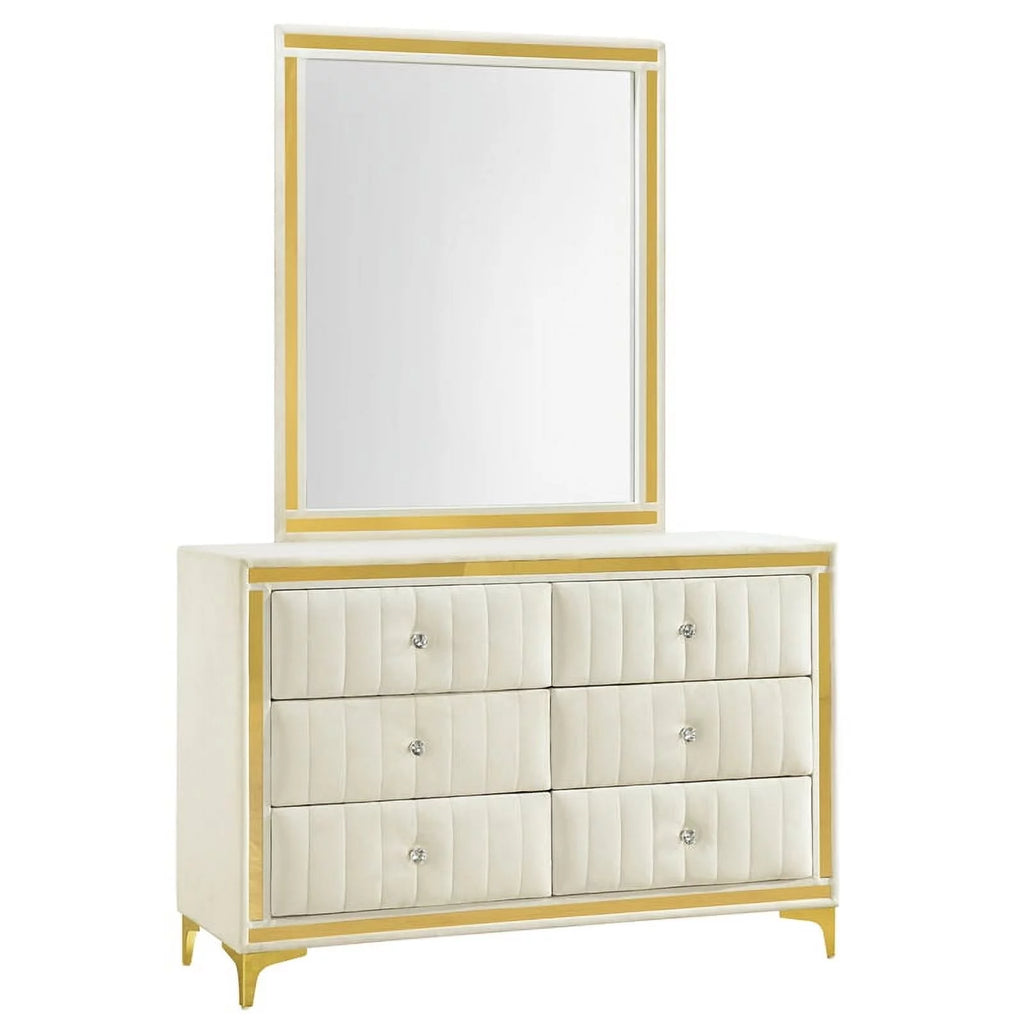 Velvet 6 Drawer Dresser with Mirror and Gold Legs in Cream G47266