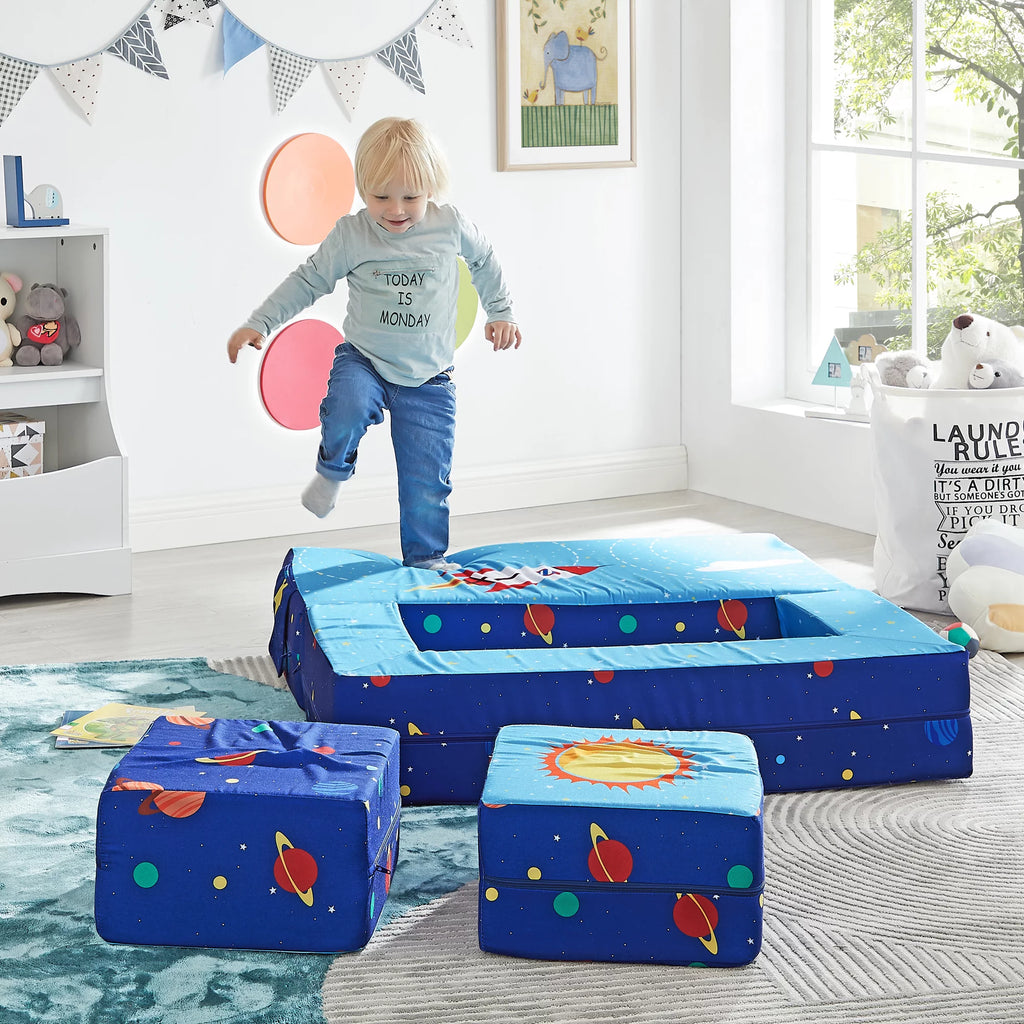 Blue 3-in-1 Kids Loveseat Sleeper Sofa with 2 Ottomans G311