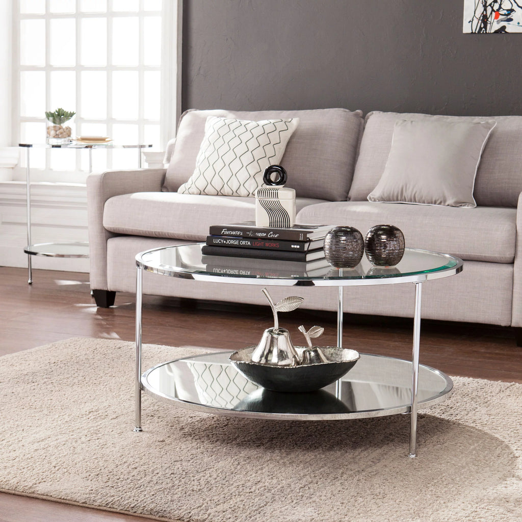 Mirrored Glass Round Coffee Table Set F74842