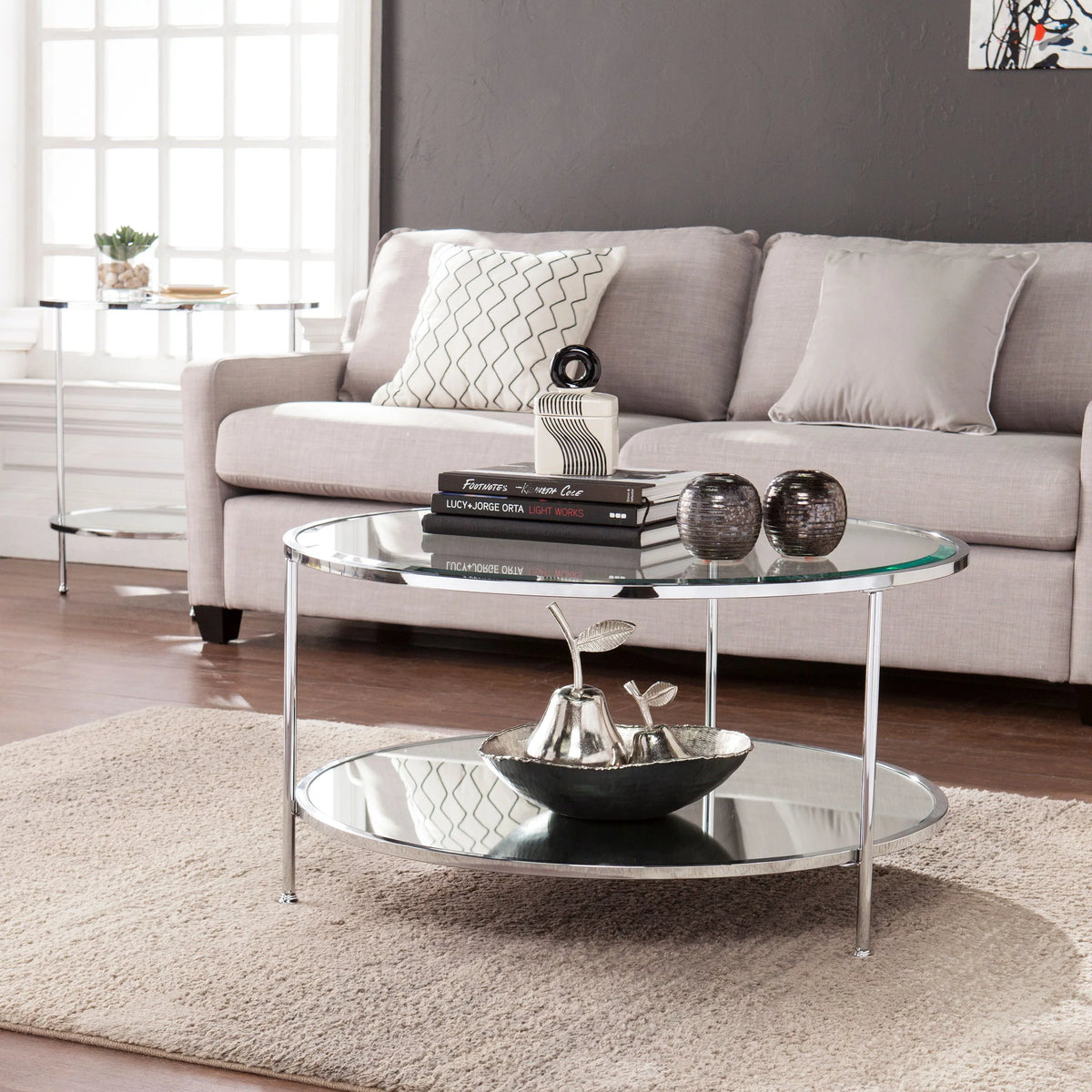 Mirrored Glass Round Coffee Table Set F74842