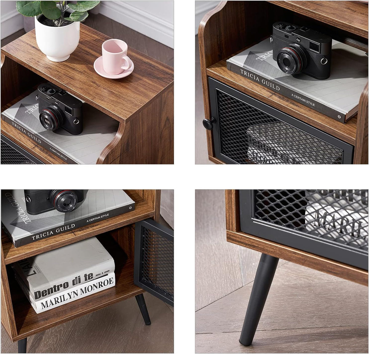 Brown Metal Nightstand with Storage Cabinet and Drawer Shelf Y3347