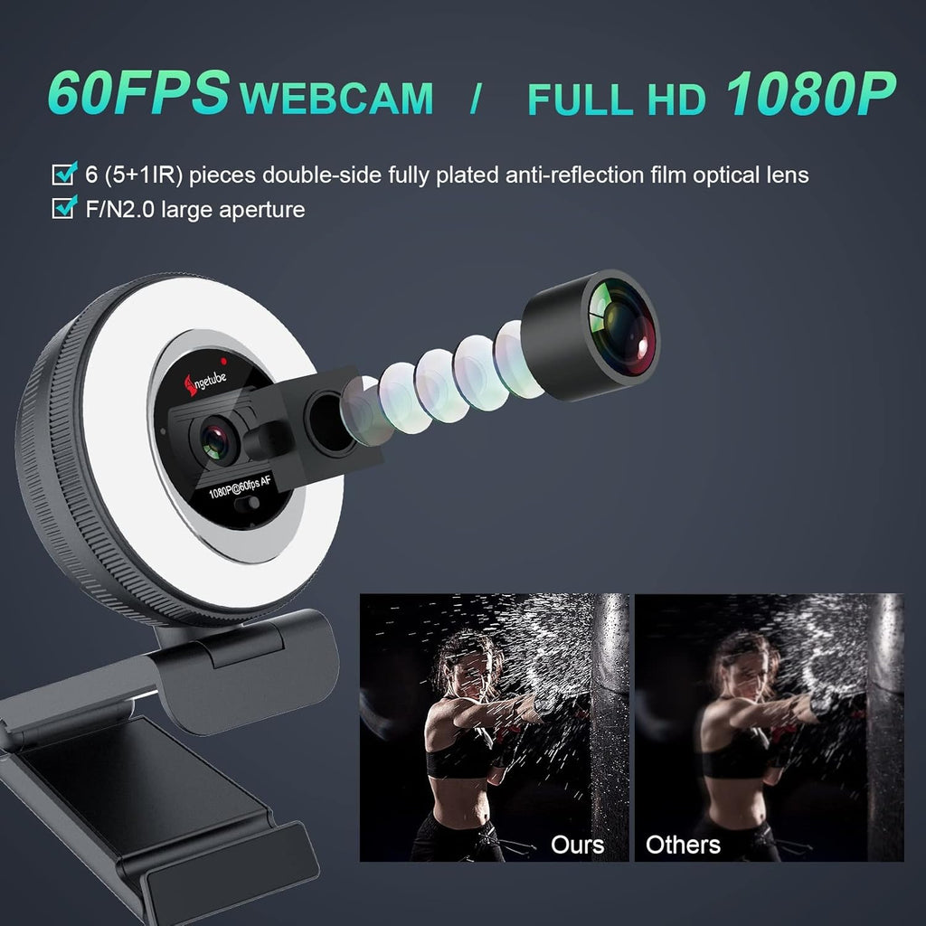 1080P 60FPS 2X Digital Zoom Streaming Webcam with Ring Light and Privacy Cover U113