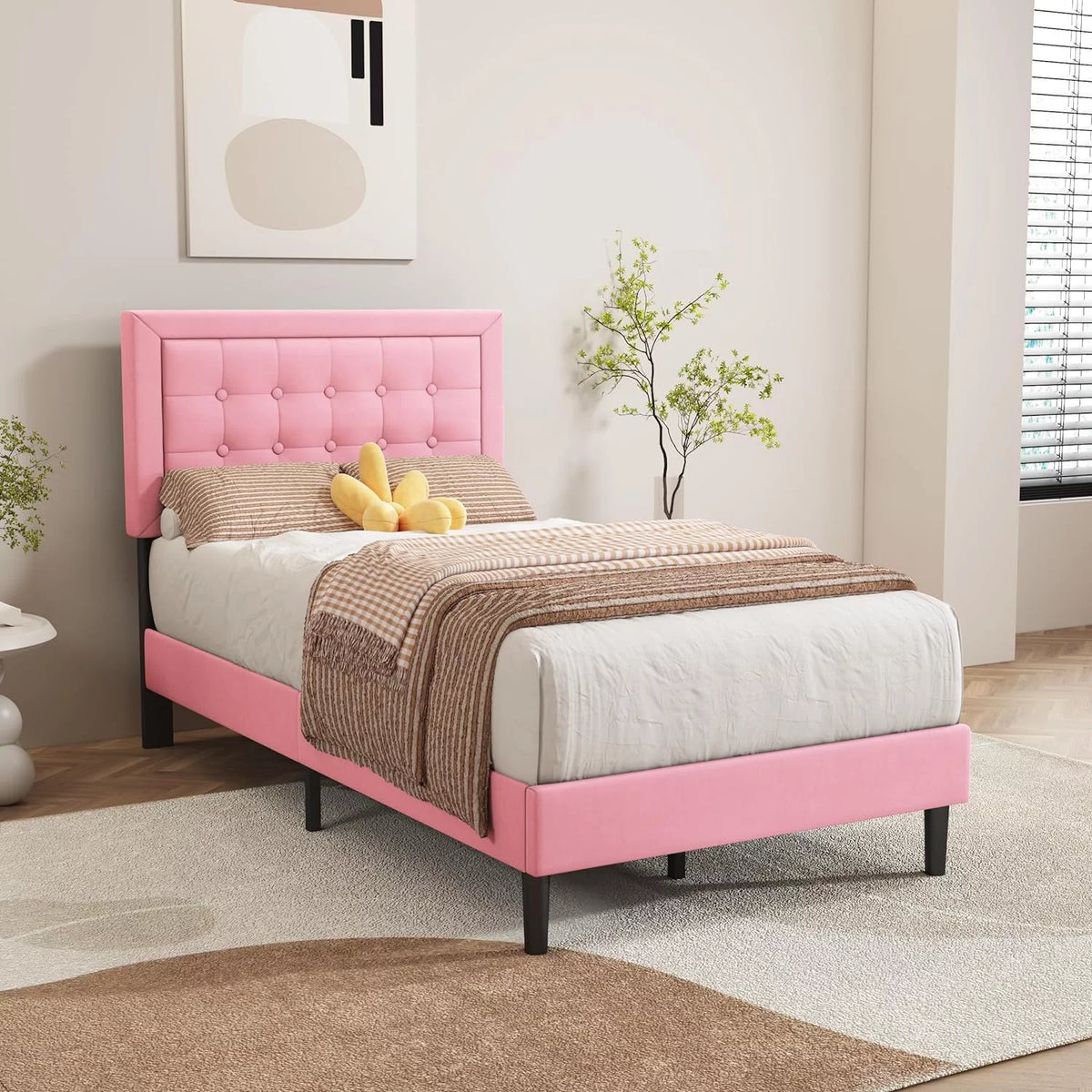 Pink Velvet Upholstered Platform Bed Frame Twin Size Z5784