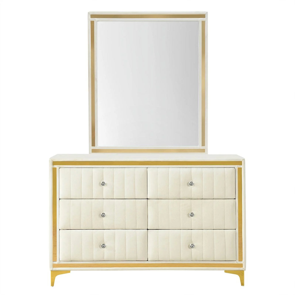 Velvet 6 Drawer Dresser with Mirror and Gold Legs in Cream G47266