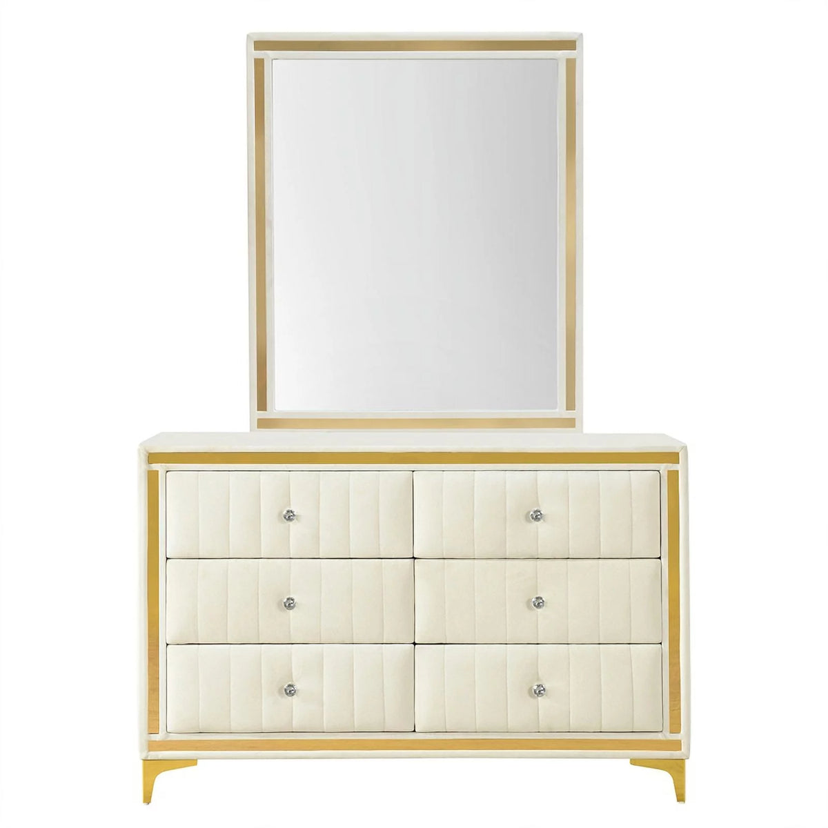 Velvet 6 Drawer Dresser with Mirror and Gold Legs in Cream G47266