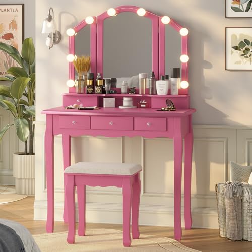 White Vanity Desk with Lighted Mirror and Stool, 5 Drawers O195
