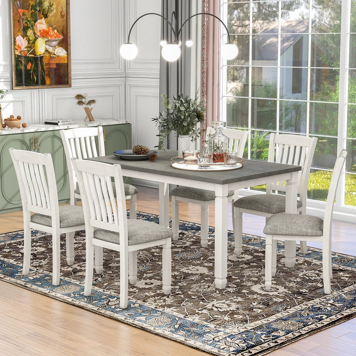 Solid Wood 7-Pieces Dining Table Set with 6 Upholstered Chairs U4099