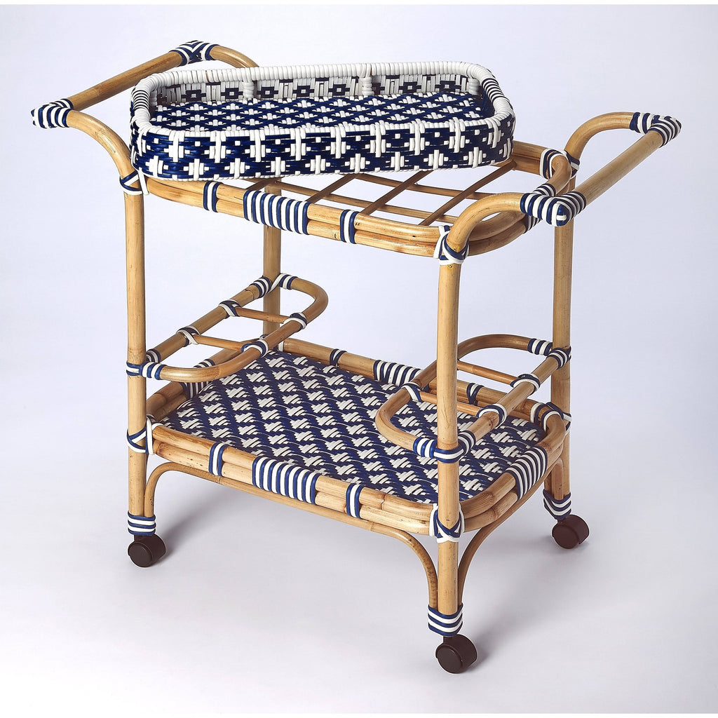 Blue & White Rattan Bar Cart I98201