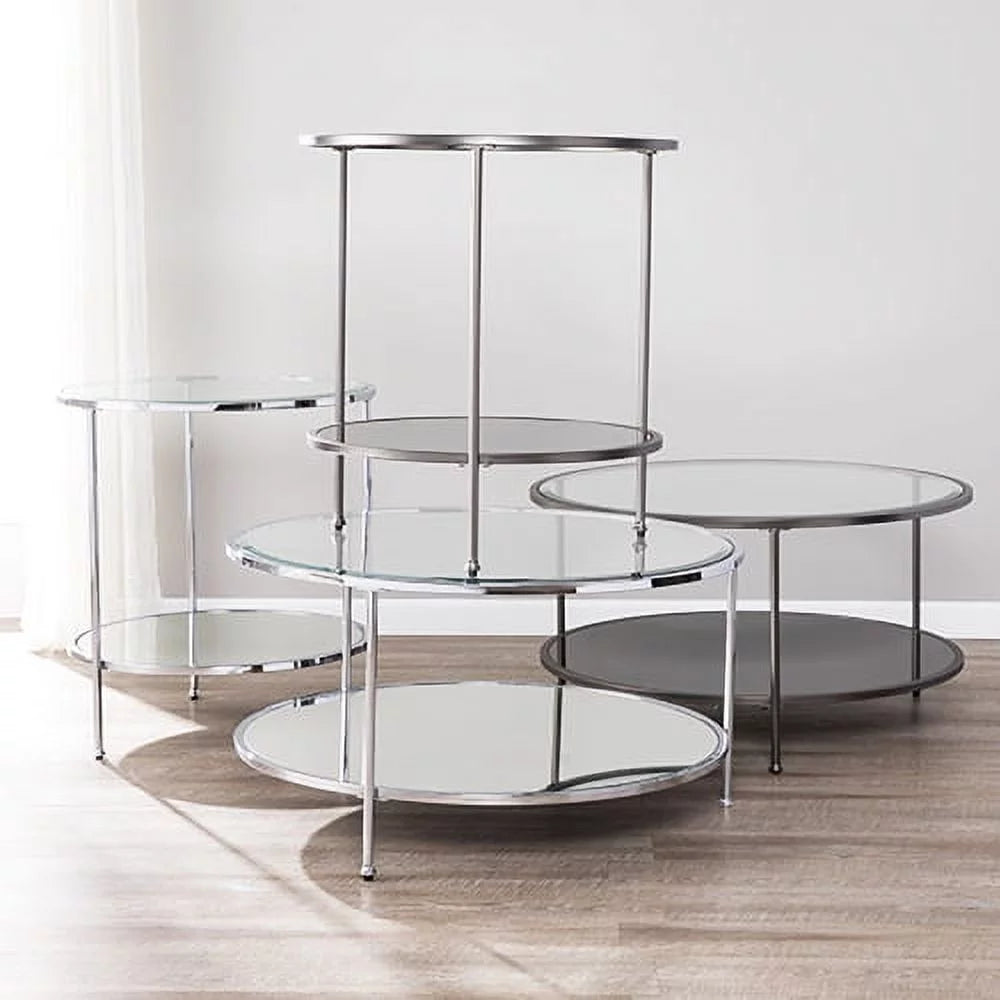 Mirrored Glass Round Coffee Table Set F74842
