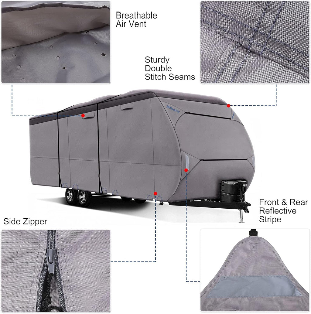 Upgraded Waterproof 500D Travel Trailer RV Cover with 4 Tire Covers, Tongue Jack Cover T527849