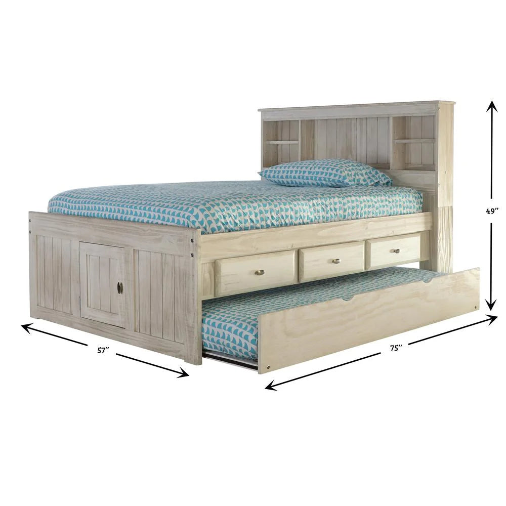 Solid Pine Full Captains Bookcase Bed with 3 Drawers and Twin Trundle Y40445