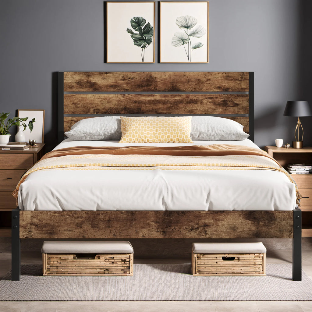 Queen Bed Frame with Wood Headboard and Footboard, Rustic Brown P641