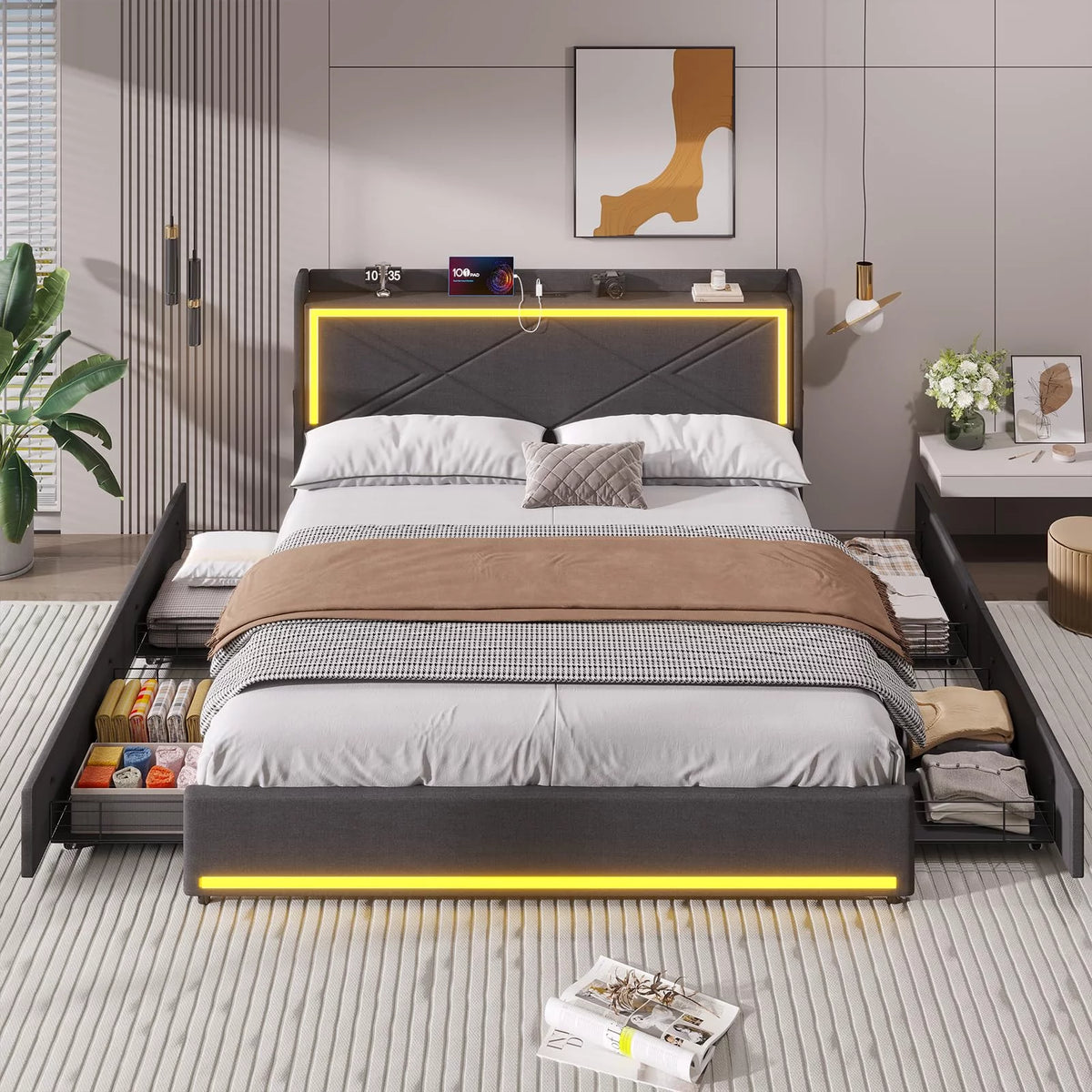 Queen Size Upholstered Platform Bed with 4 Storage Drawers Y3486