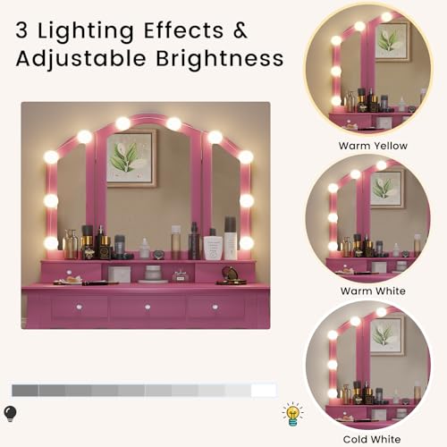 White Vanity Desk with Lighted Mirror and Stool, 5 Drawers O195