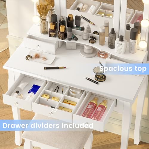 White Vanity Desk with Lighted Mirror and Stool, 5 Drawers O195