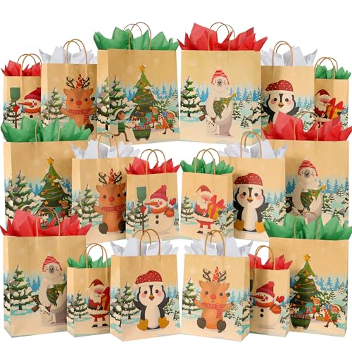 18 Pack Christmas Kraft Gift Bags with Tissue Papers D63783