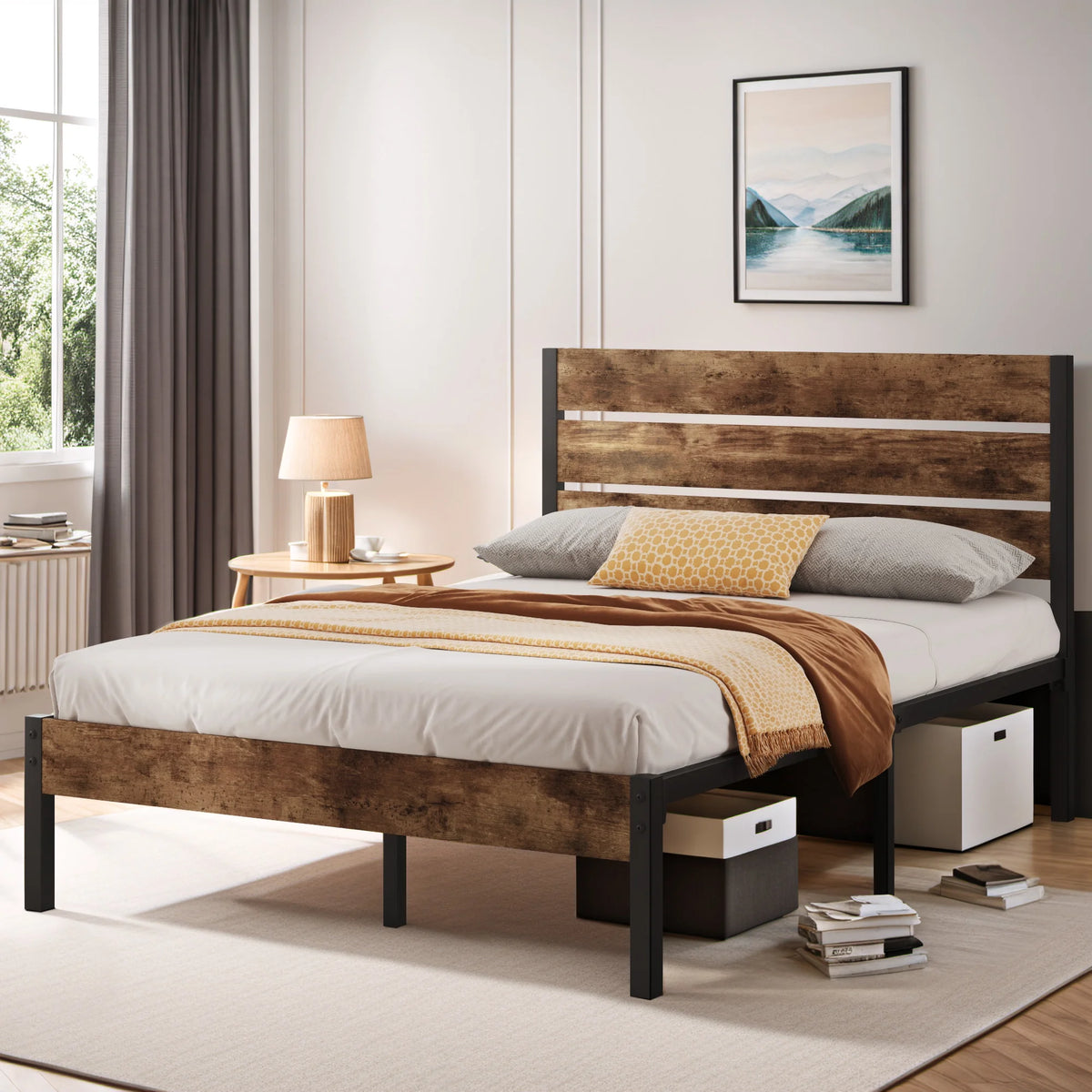 Queen Bed Frame with Wood Headboard and Footboard, Rustic Brown P641