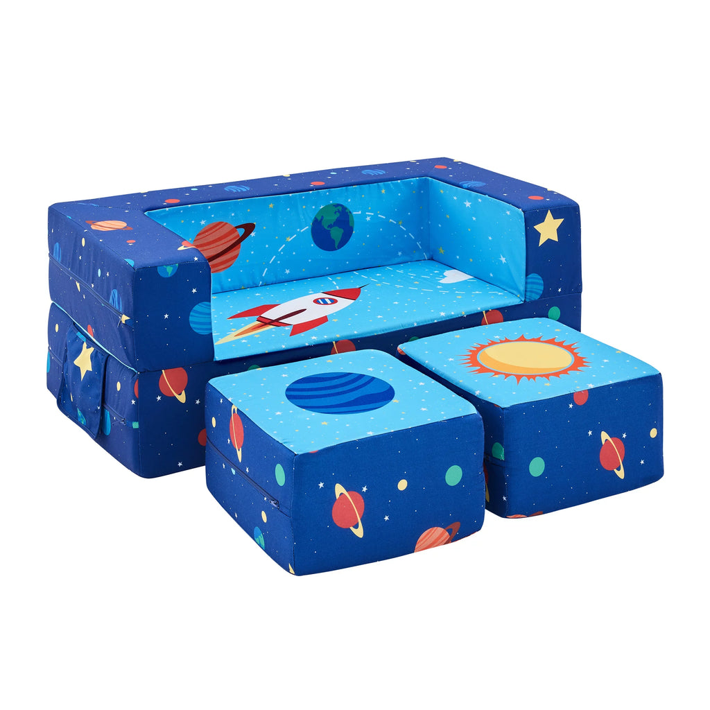 Blue 3-in-1 Kids Loveseat Sleeper Sofa with 2 Ottomans G311