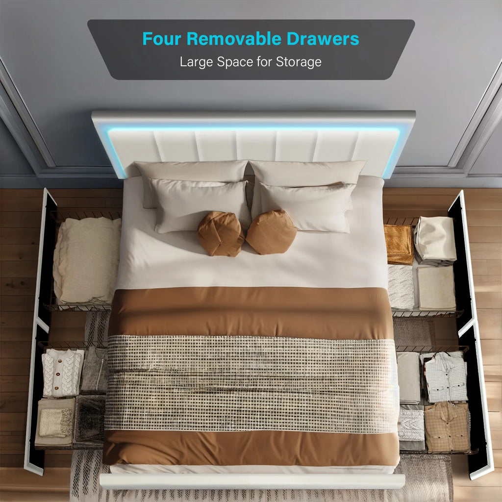 Queen Size White Upholstered Platform Bed Frame with 4 Storage Drawers R33397
