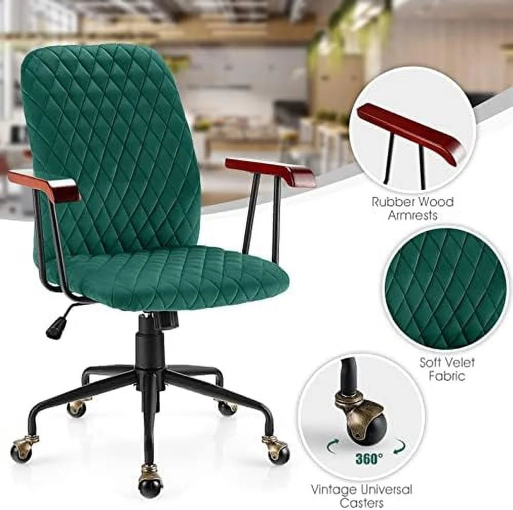 White Velvet Upholstered Office Chair with Rubber Wood Armrests S393