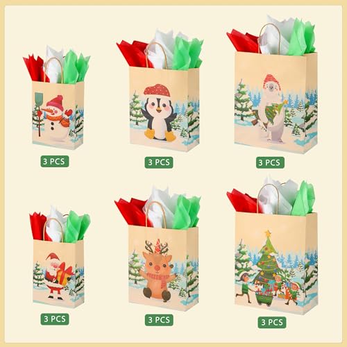 18 Pack Christmas Kraft Gift Bags with Tissue Papers D63783
