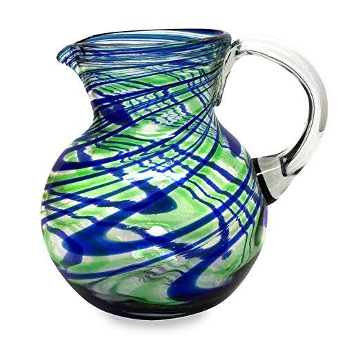 Blue and Green Hand Blown Glass Pitcher, 84 oz D760