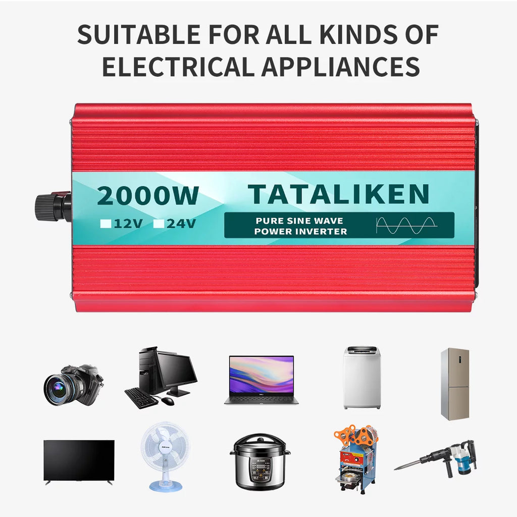 2000 Watts Pure Sine Wave Power Inverter DC 12V to AC 110V/120V with 2 AC Outlets H9963