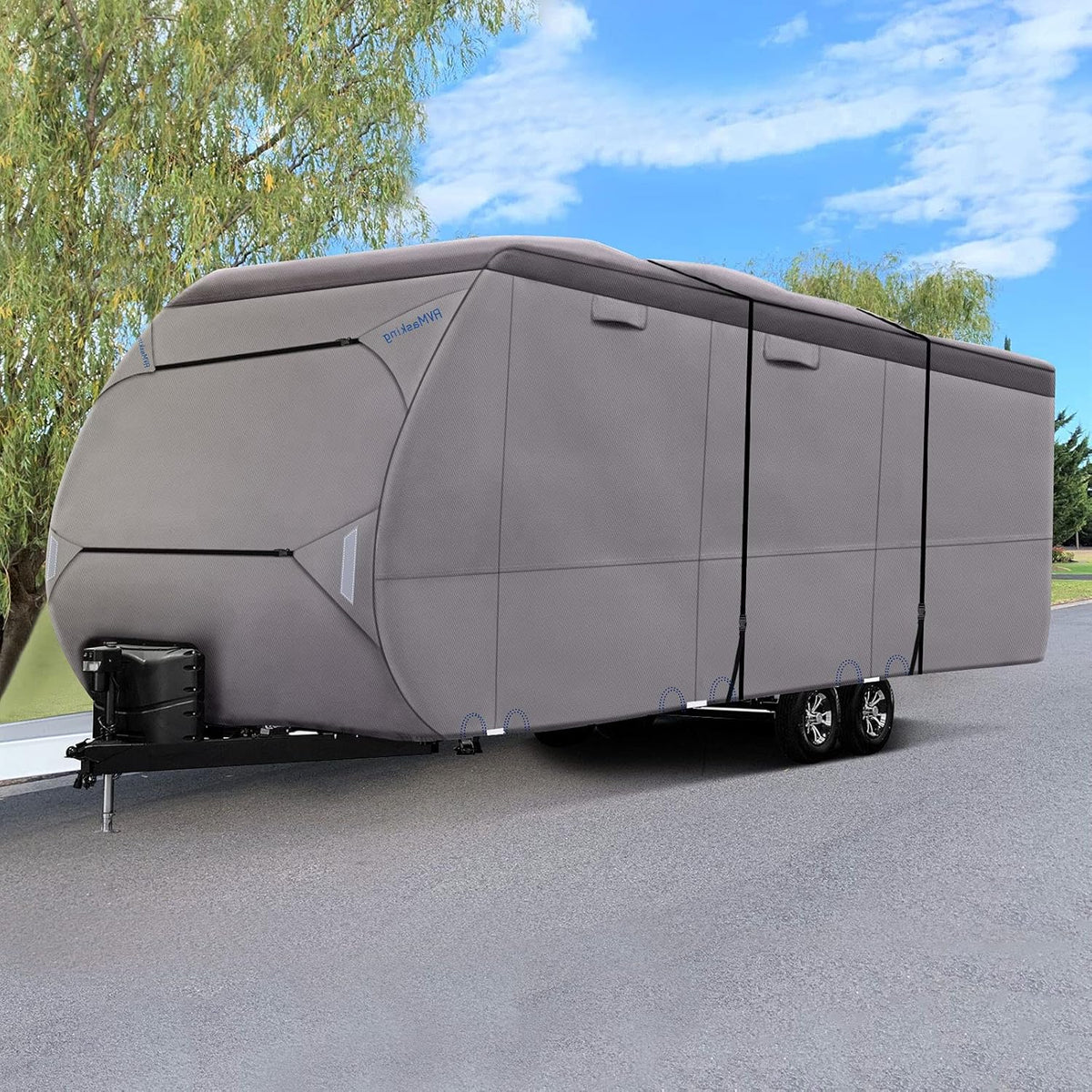 Upgraded Waterproof 500D Travel Trailer RV Cover with 4 Tire Covers, Tongue Jack Cover T527849