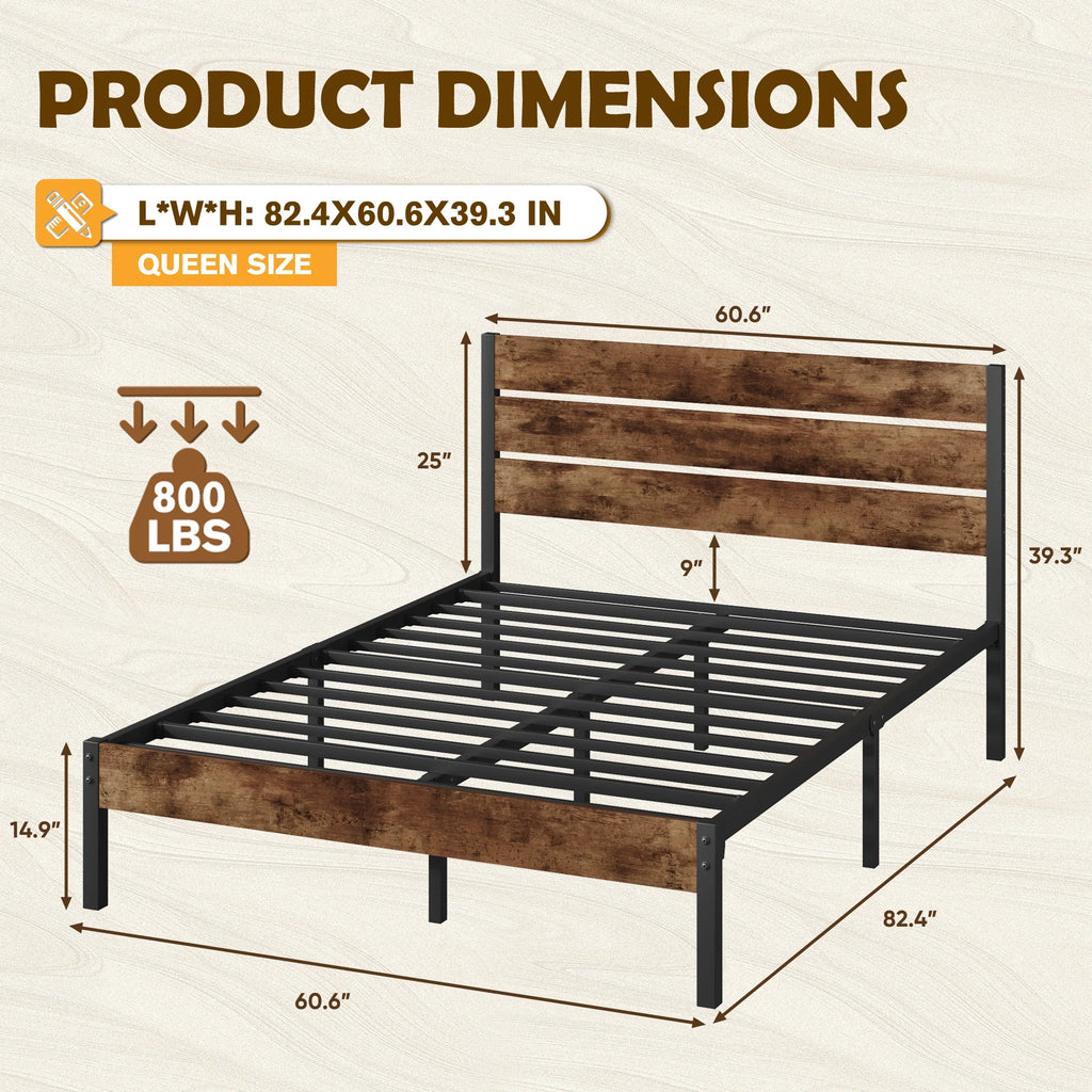 Queen Bed Frame with Wood Headboard and Footboard, Rustic Brown P641