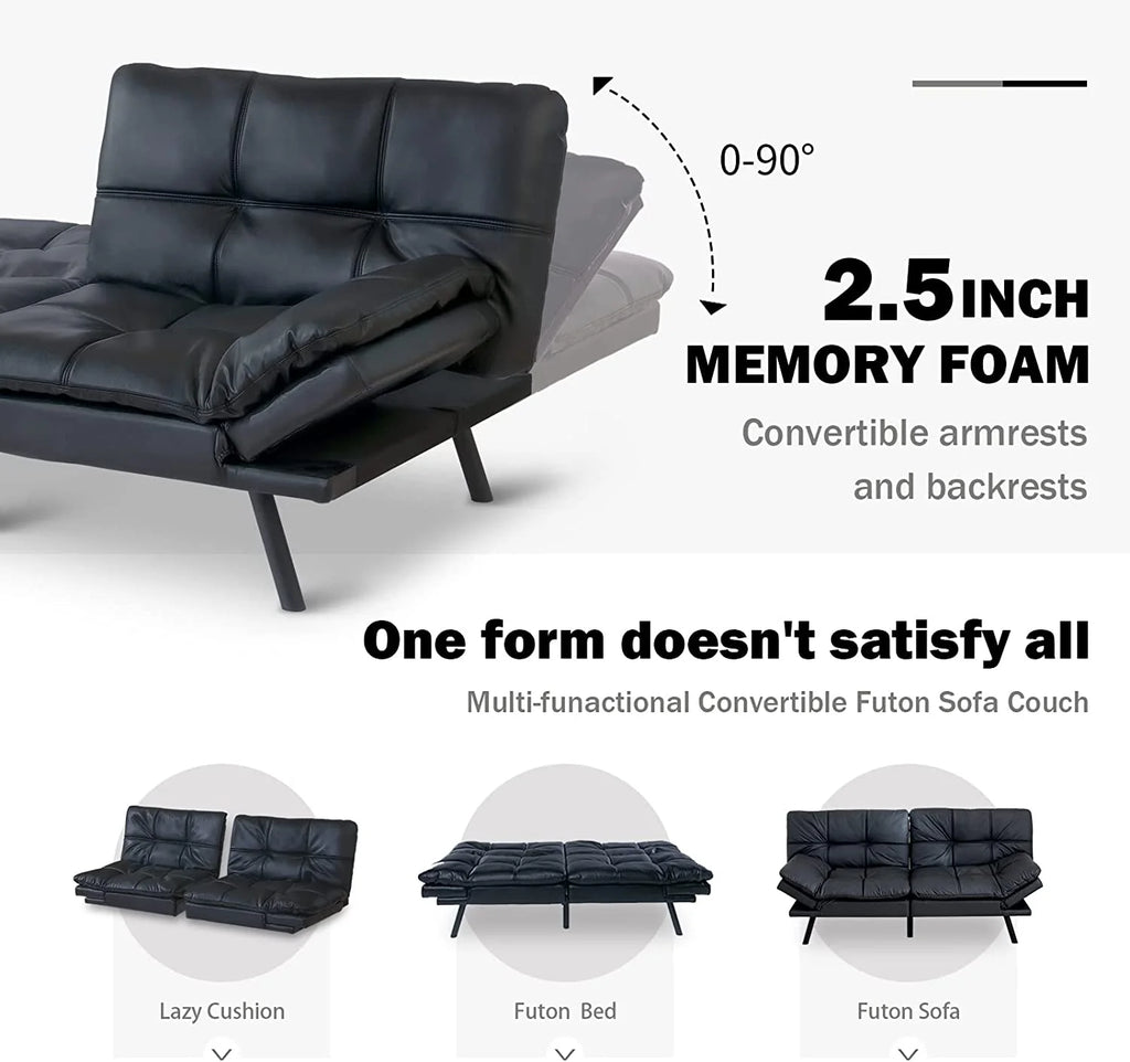 Black Leather Memory Foam Convertible Futon Sofa Bed B143907