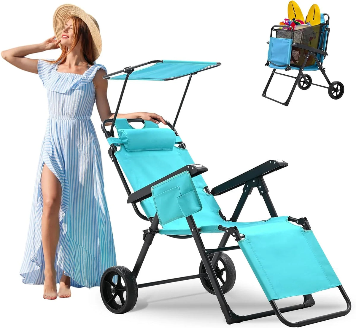2 in 1 Foldable Chaise Lounge Chair with Wagon Cart and Wheels G897