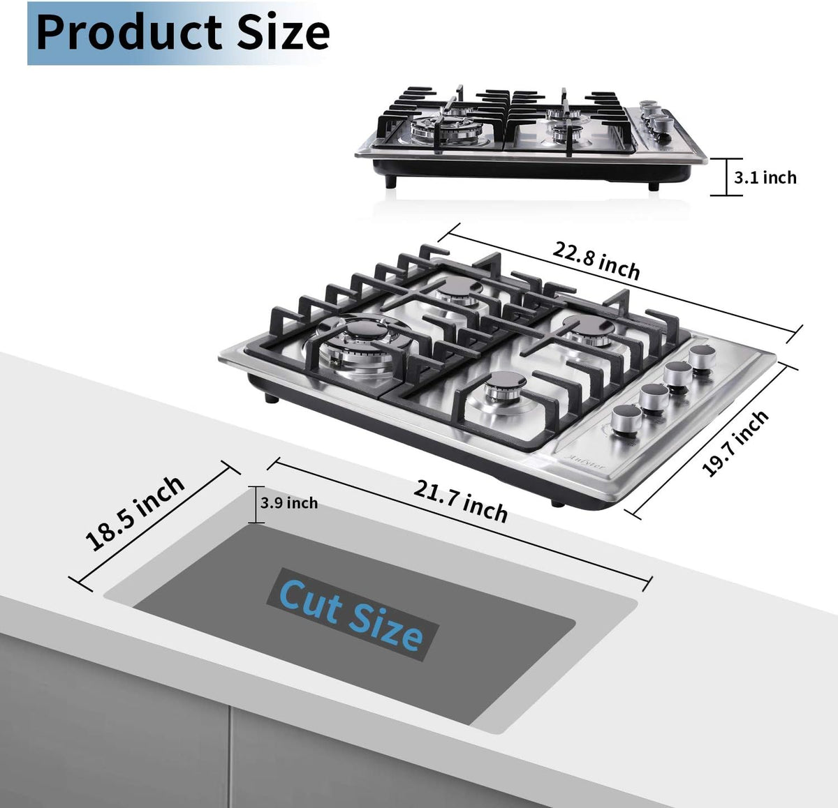 24 Inch 4 Burners Built-in Stainless Steel Gas Cooktop D664